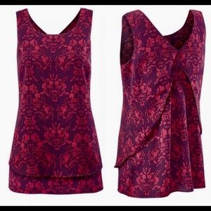 New cabi Cameo Top. Plum Purple and Red Printed Blouse Size L